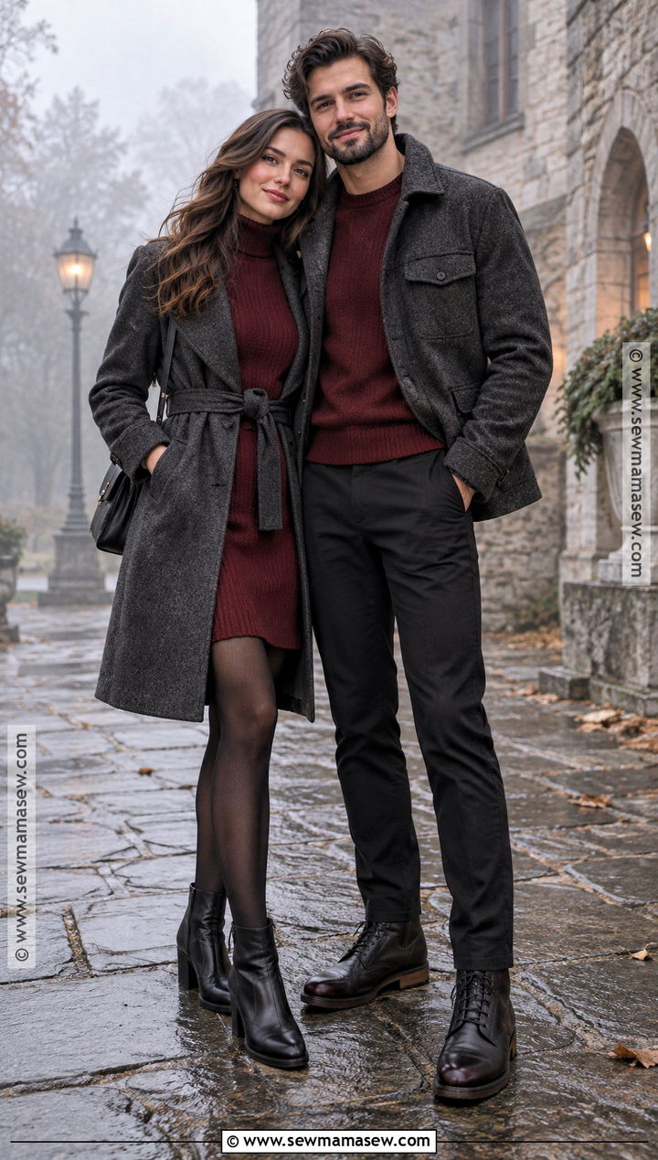 Charcoal Coat And Burgundy Knit Fall Couples Photo Outfit - 20 Fall Outfits Couples Photo Ideas