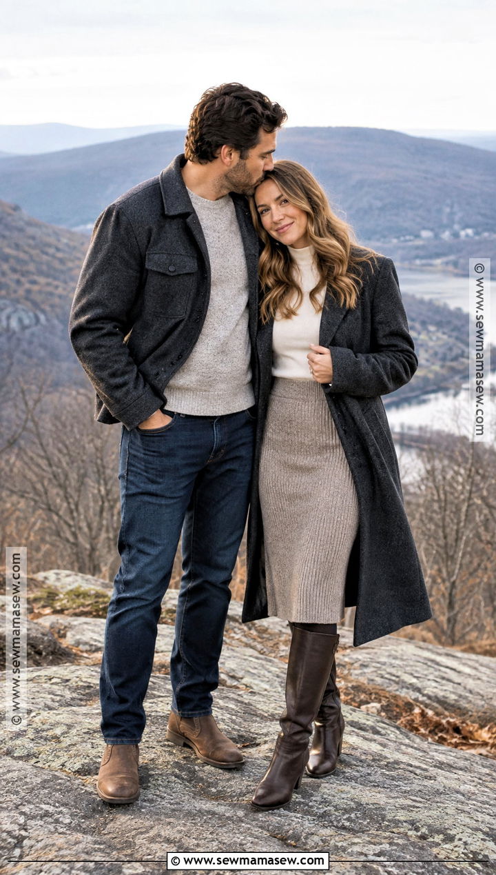 Charcoal Coat And Sweater Skirt Fall Engagement Photo Outfit - 20 outdoor engagement photos outfits fall