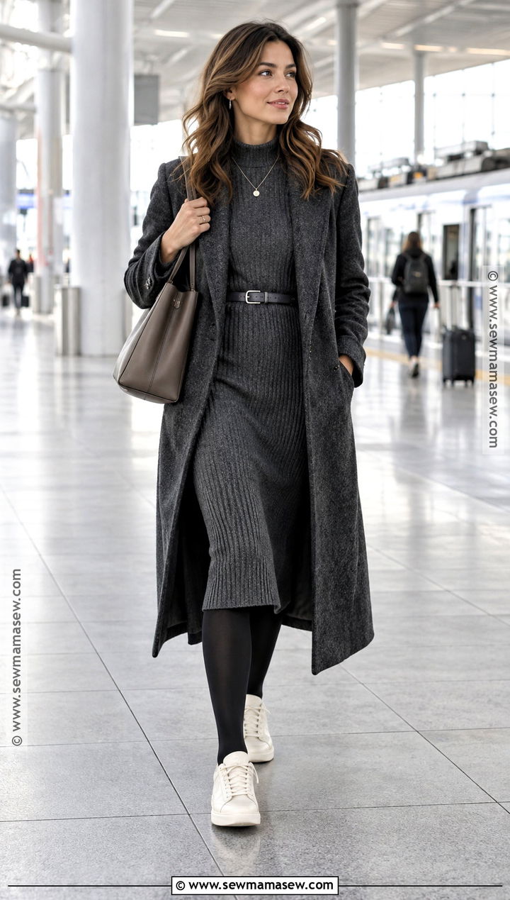 Charcoal Coat With Knit Dress And Neutral Sneakers - 15 fall neutral outfits classy