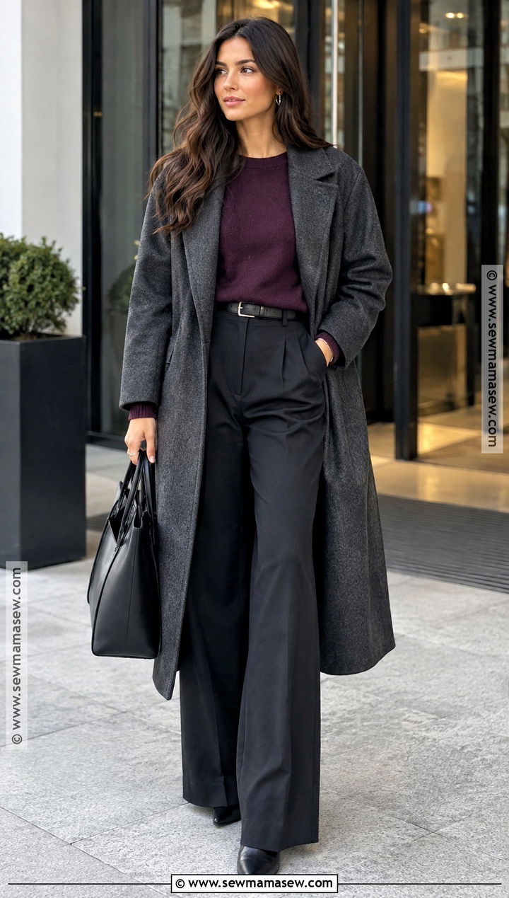 Charcoal Coat and Wide Leg Trousers Fall Outfit - 15 Moody Fall Outfits for Women