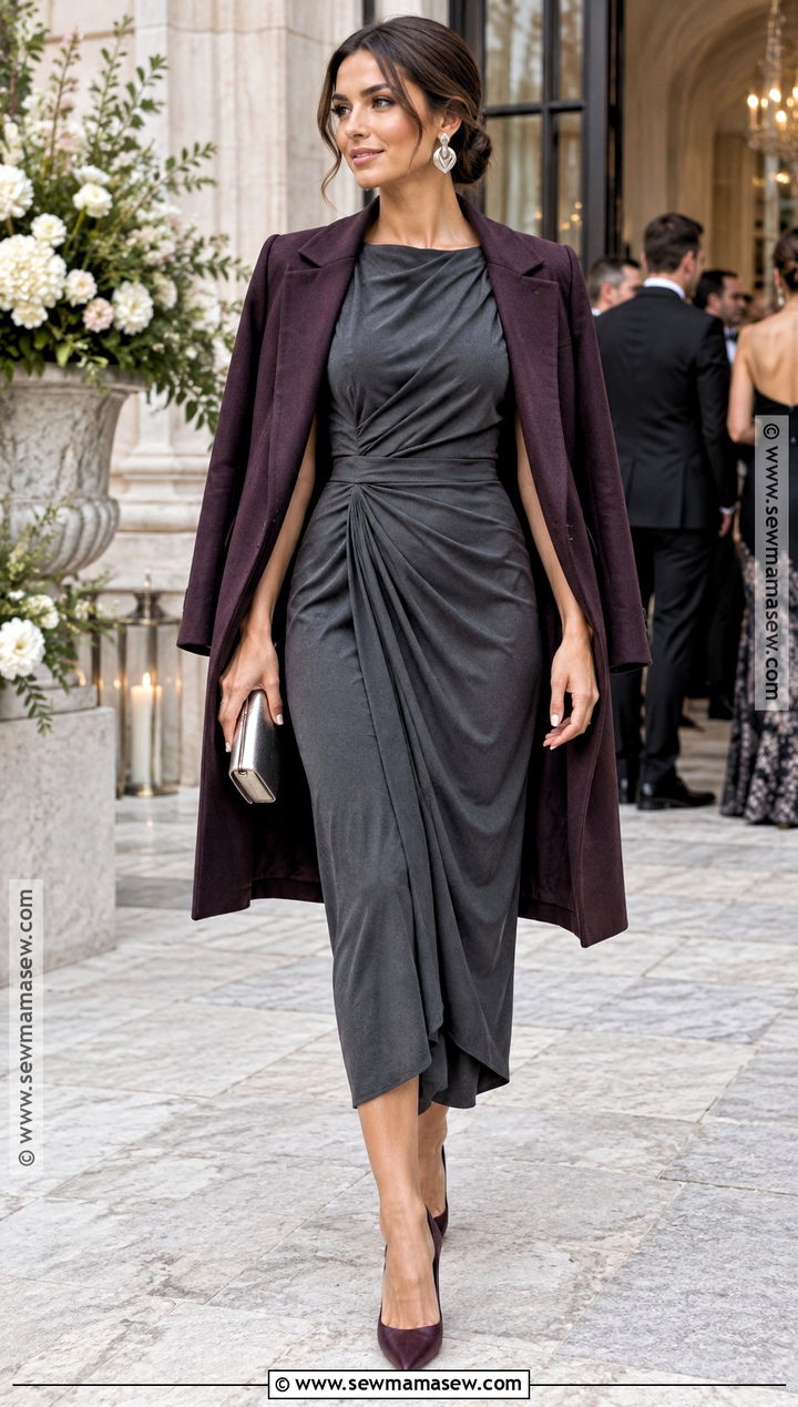 Charcoal Draped Midi Wedding Guest Dress - 15 Wedding Fall Dresses Guest
