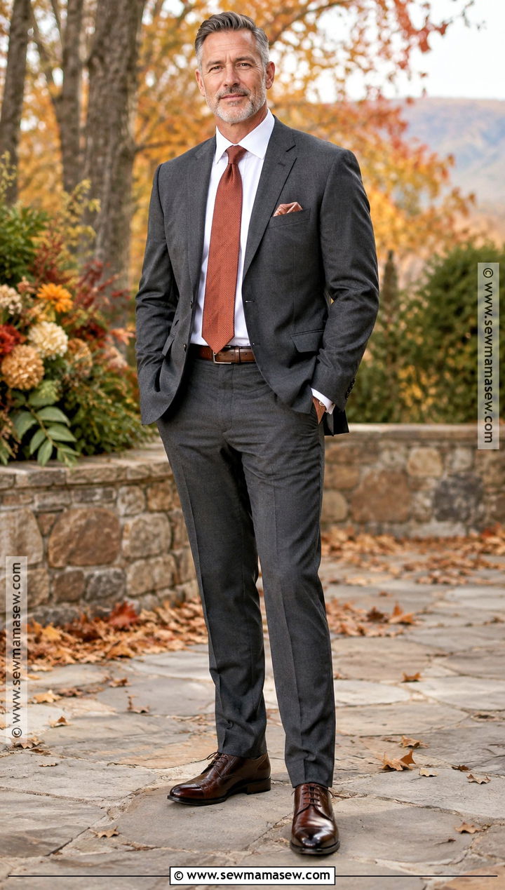 Charcoal Father Of The Bride Suit With Rust Tie - 15 Father Of The Bride Attire Fall Wedding Ideas