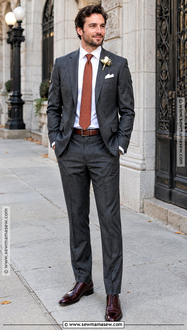 Charcoal Flannel Groom Suit With Rust Tie - 20 fall groom attire ideas