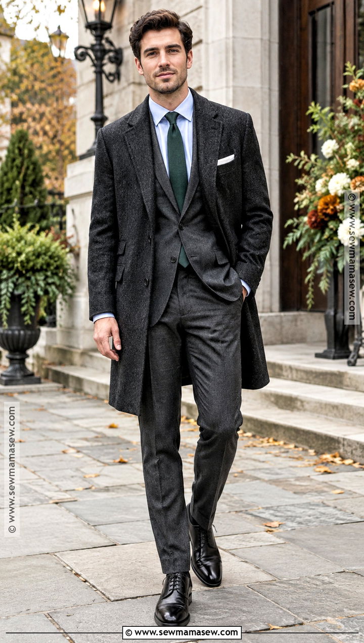 Charcoal Flannel Suit Fall Wedding Guest Outfit - 15 male wedding guest outfit fall ideas