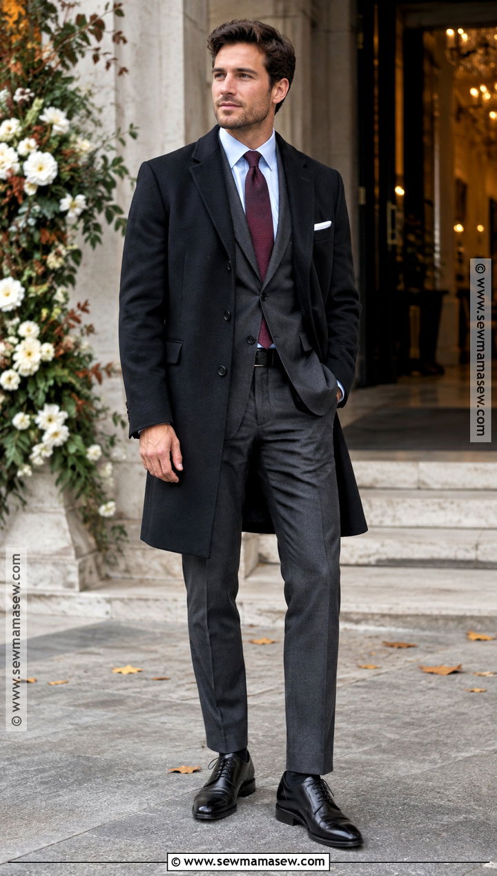 Charcoal Flannel Suit Fall Wedding Guest Outfit - 15 fall wedding attire for men guest ideas