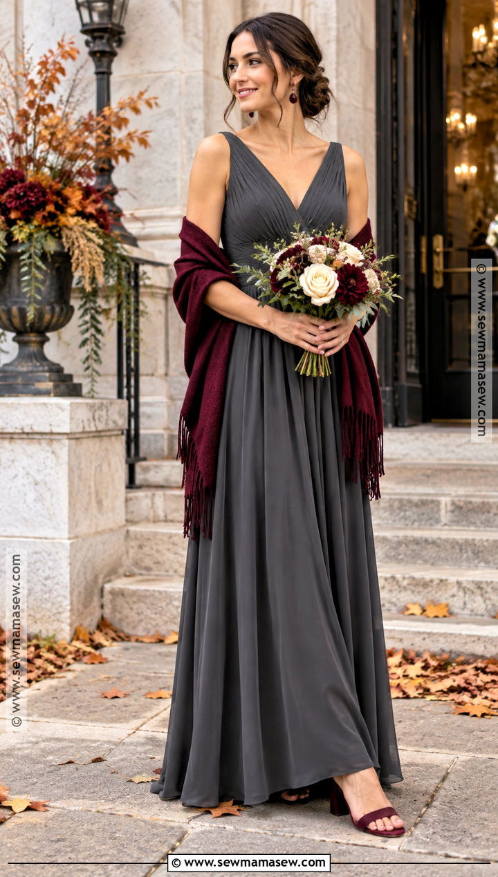 Charcoal Gray Bridesmaid Dress With Burgundy Accessories - 15 Moody Fall Bridesmaid Dresses