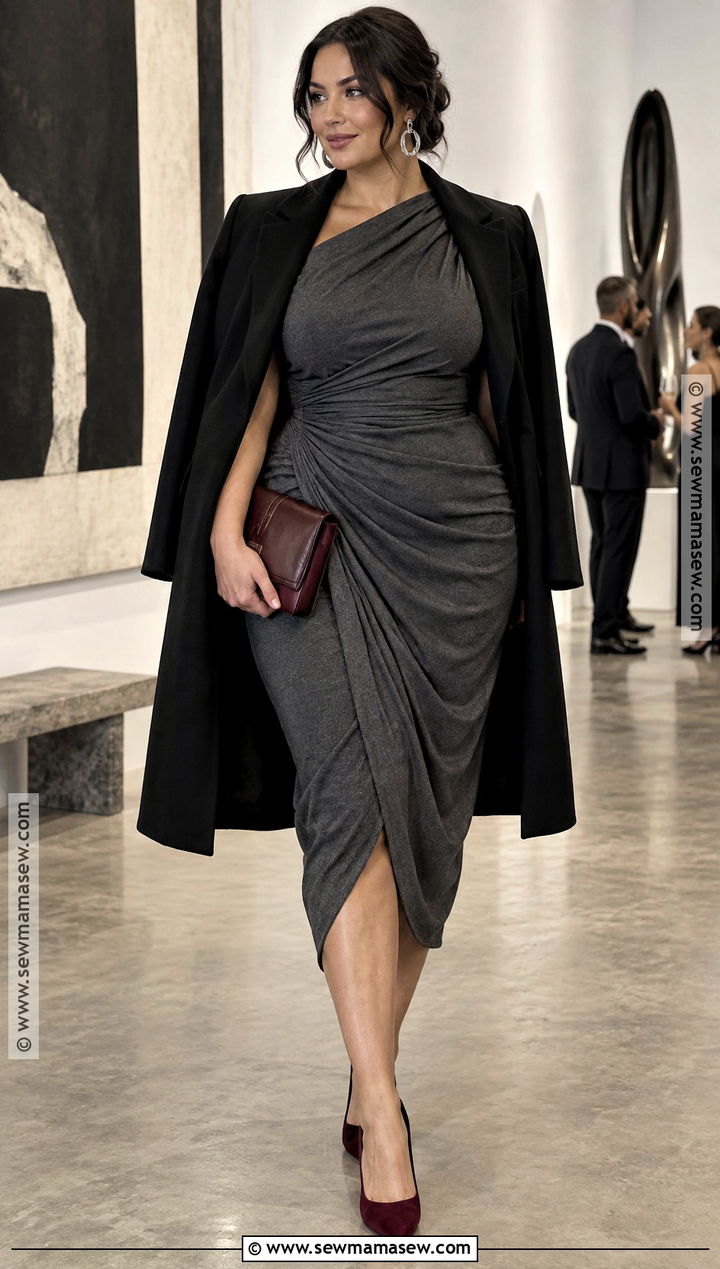 Charcoal Gray Draped Fall Wedding Guest Dress - 25 fall wedding guest dress ideas for plus size