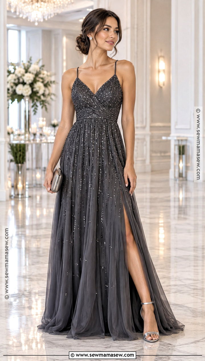 Charcoal Gray Embellished Dress Outfit - 25 fall formal dresses wedding guest