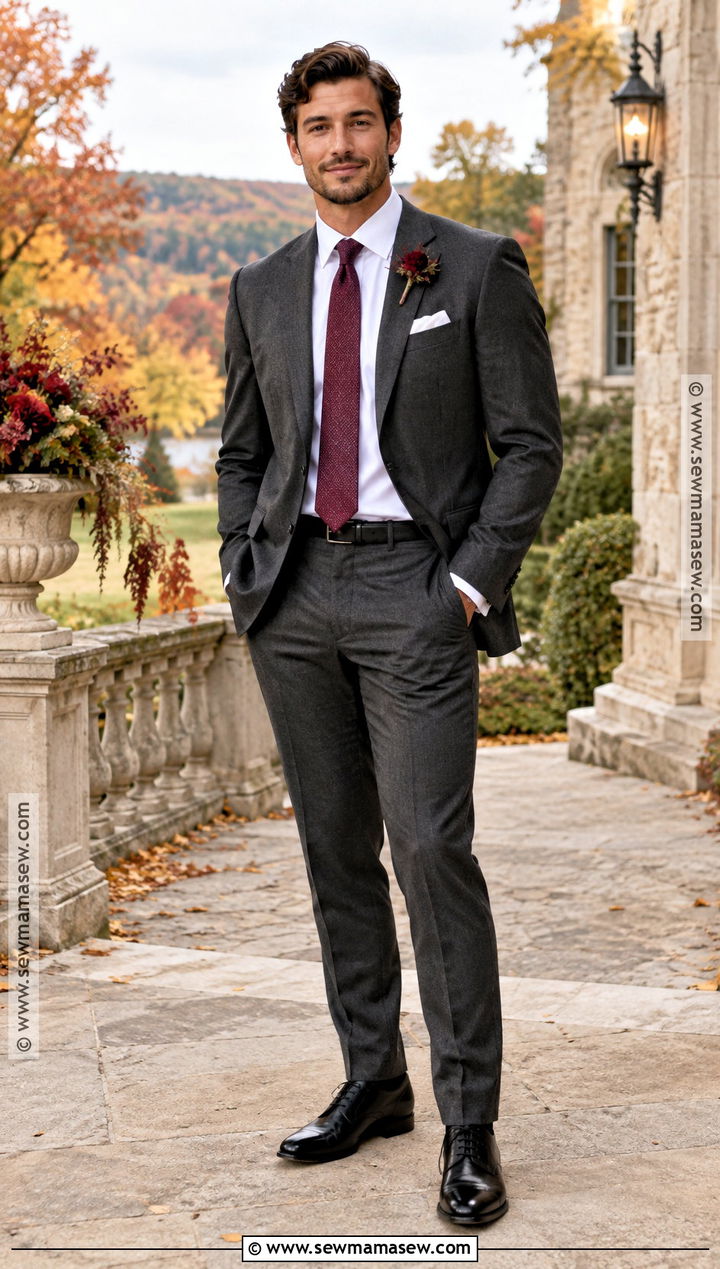 Charcoal Grey Groom Suit With Burgundy Tie - 15 fall wedding groom attire grey ideas
