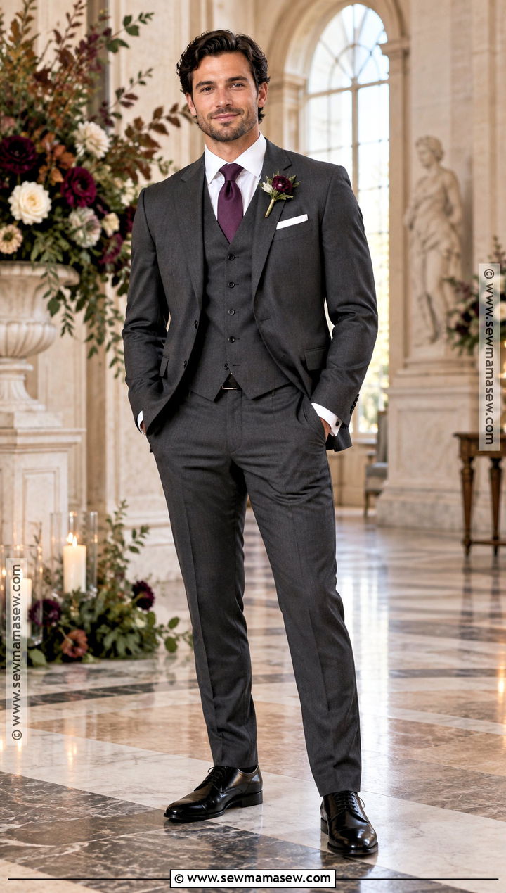 Charcoal Grey Groom Suit With Plum Tie - 15 fall wedding groom attire grey ideas