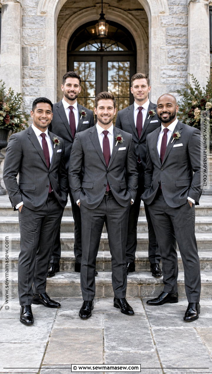 Charcoal Groomsmen Suit With Burgundy Tie - 15 groomsmen attire for fall wedding ideas