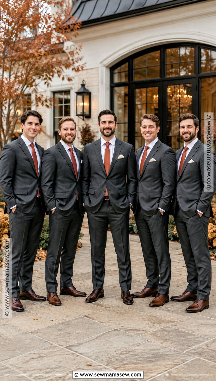 Charcoal Groomsmen Suit With Rust Tie - 15 groomsmen outfits fall wedding