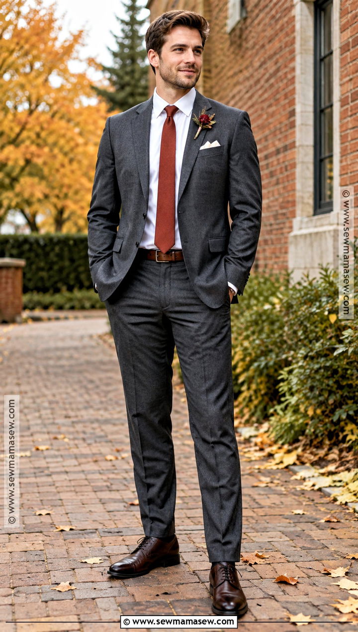 Charcoal Groomsmen Suit With Rust Tie - 25 fall groomsmen attire ideas