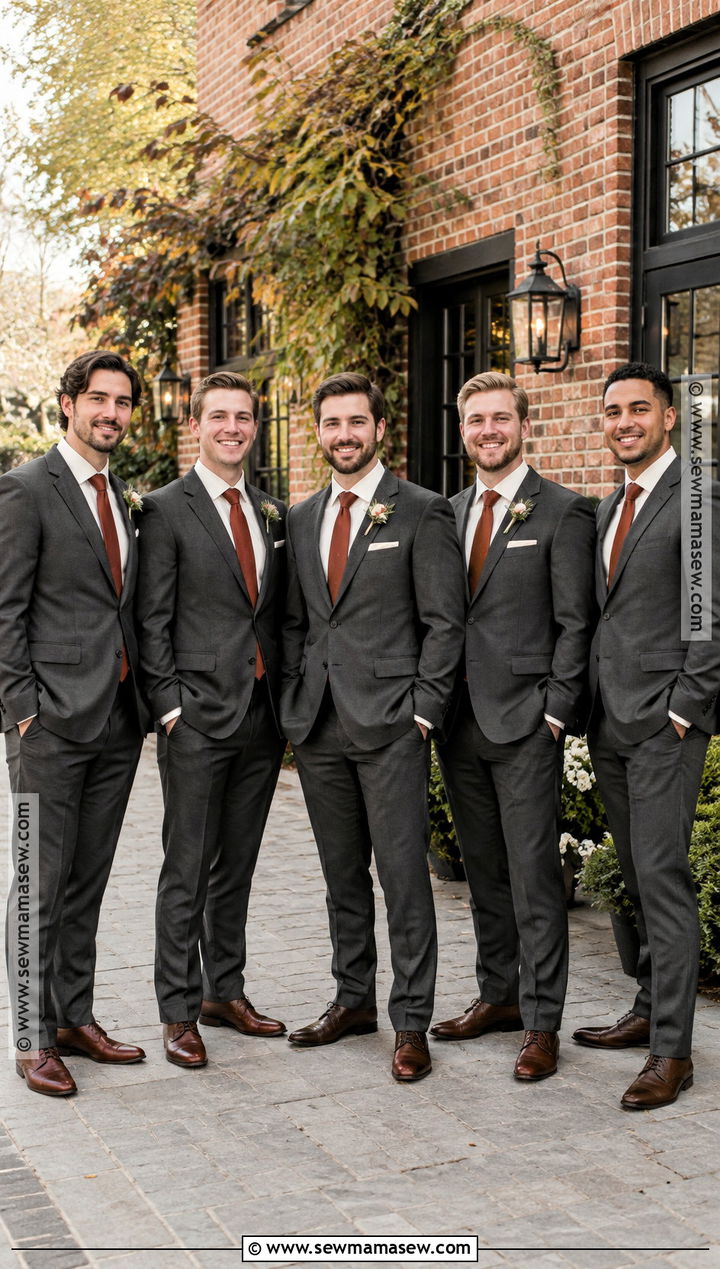 Charcoal Groomsmen Suit With Rust Tie - 15 groomsmen attire fall wedding color combos