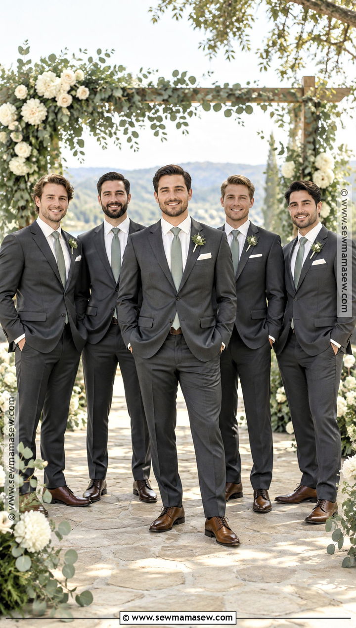 Charcoal Groomsmen Suit With Sage Green Tie - 15 groomsmen attire fall wedding color combos