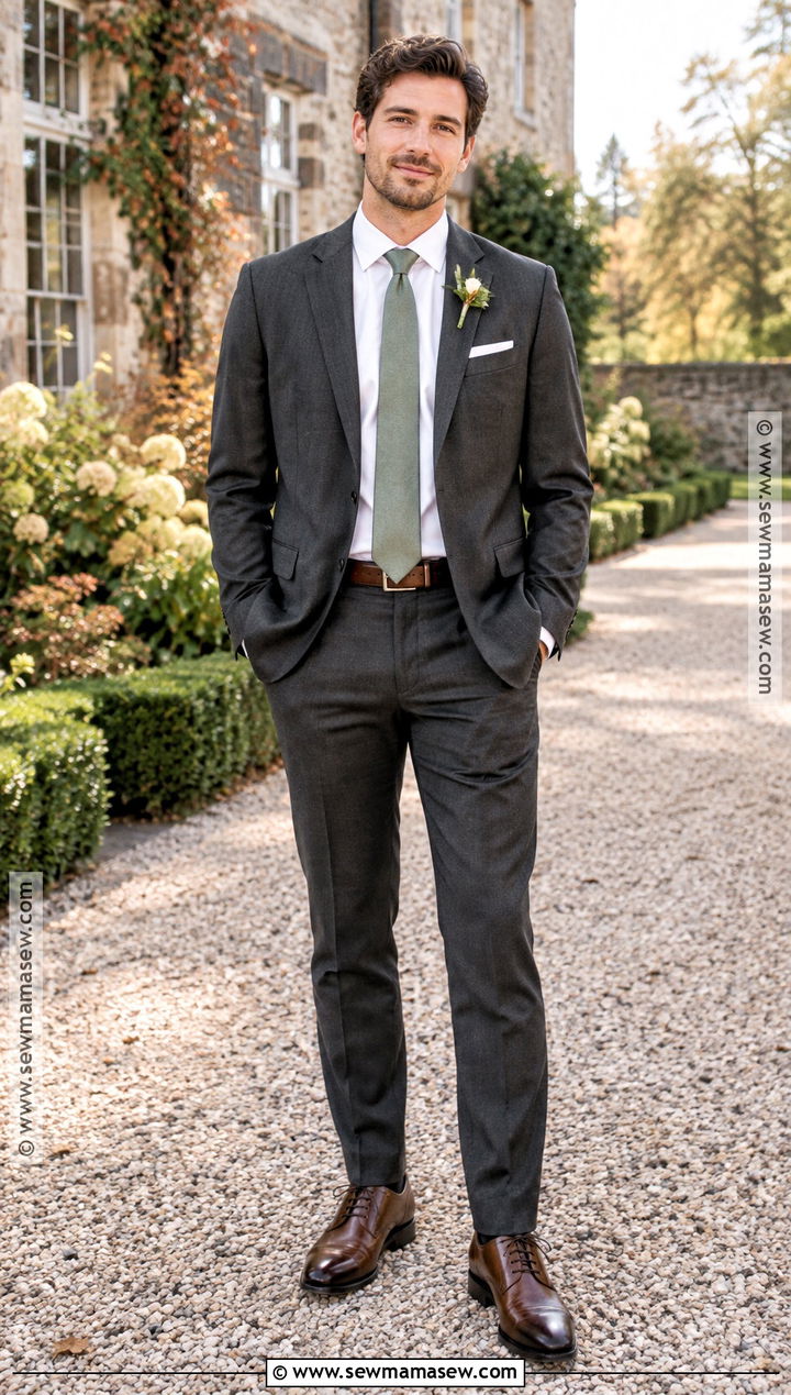 Charcoal Groomsmen Suit With Sage Tie - 25 fall groomsmen attire ideas