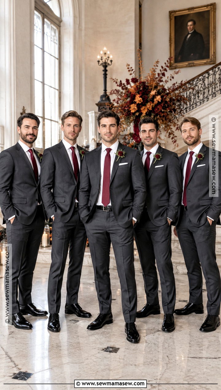 Charcoal Groomsmen Suits With Burgundy Ties - 15 groomsmen attire autumn ideas