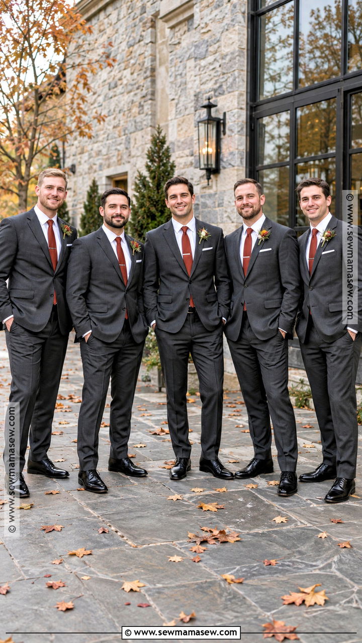 Charcoal Groomsmen Suits With Rust Ties - 20 groomsmen attire fall ideas