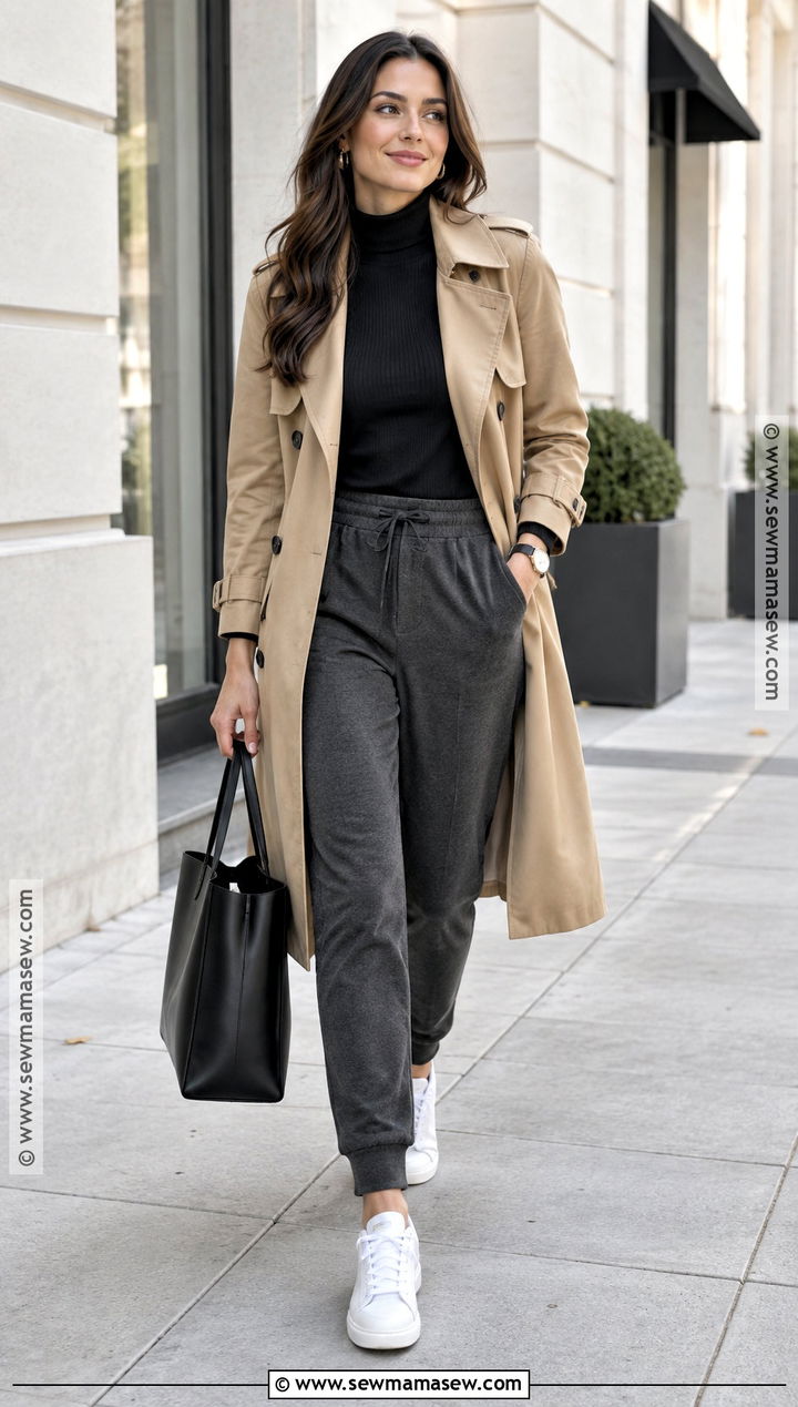 Charcoal Jogger Outfit With Trench Coat - 15 Fall Jogger Outfits Casual