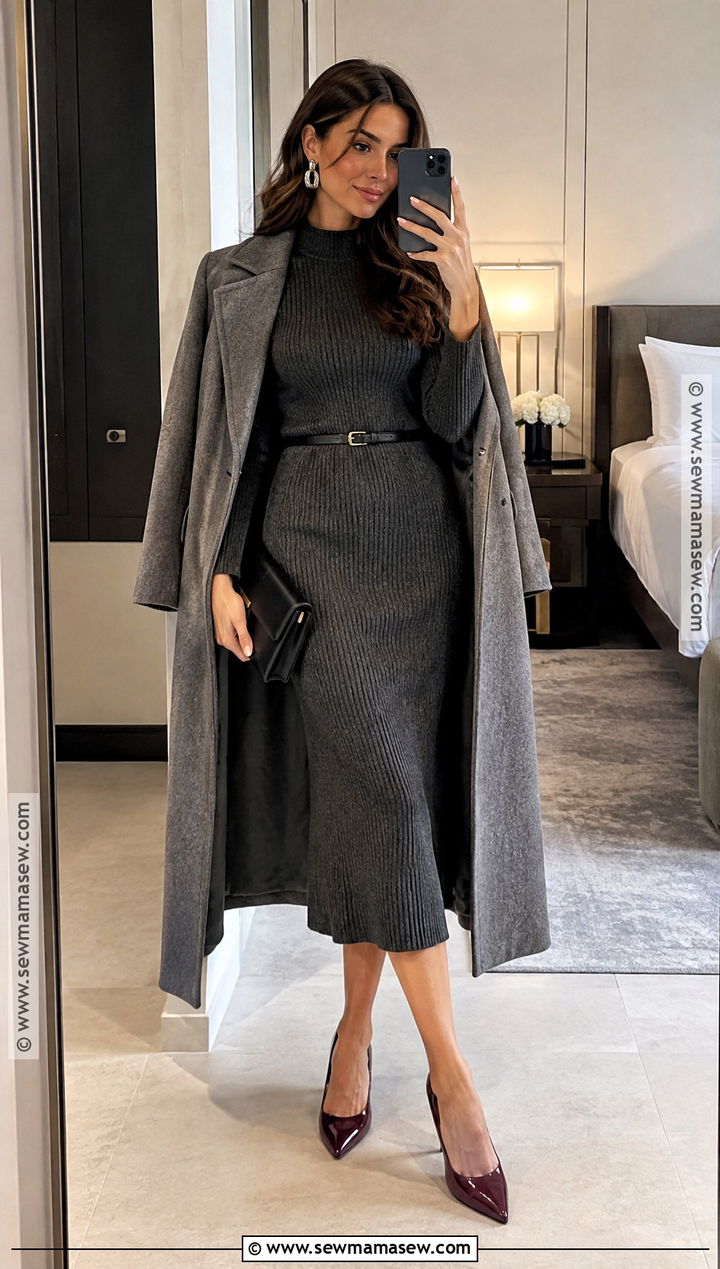 Charcoal Knit Midi Dress For A November Wedding - 25 november wedding guest outfits