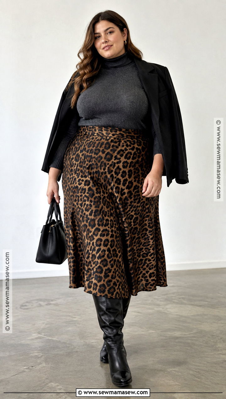 Charcoal Knitted Turtleneck With Leopard Skirt And Boots - 15 knitted sweater fall fashion ideas