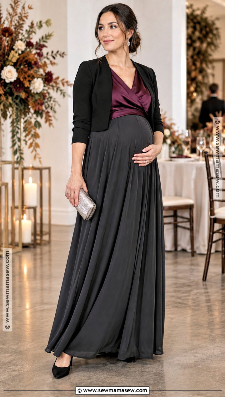 Charcoal Maternity Maxi Skirt And Satin Top Outfit - 15 pregnant fall wedding guest outfit ideas