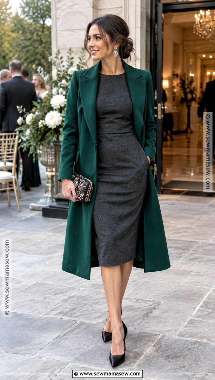 Charcoal Midi Dress And Jewel Tone Coat Outfit - 20 october wedding outfit ideas