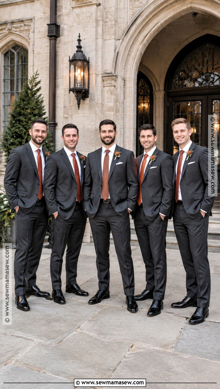 Charcoal October Groomsmen Suit With Rust Tie - 15 october groomsmen attire ideas
