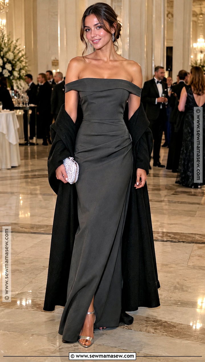 Charcoal Off Shoulder Gown Fall Wedding Guest Outfit - 30 fall wedding guest outfit ideas