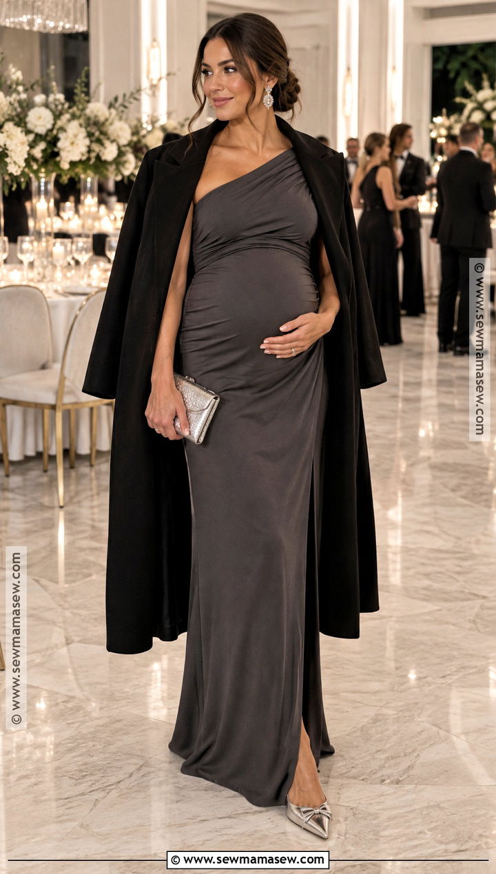 Charcoal One Shoulder Maternity Gown - 20 fall maternity wedding guest dress ideas