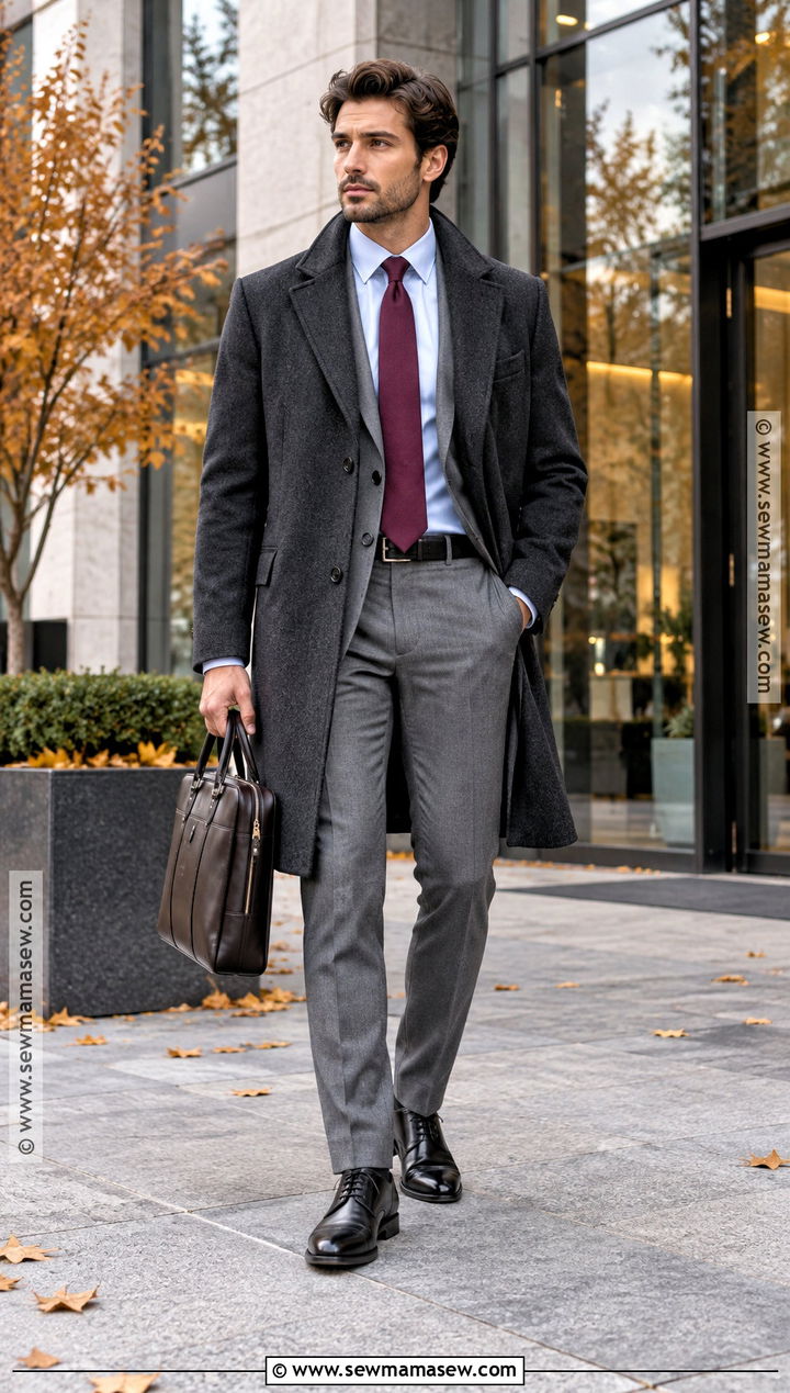Charcoal Overcoat With A Gray Suit - 15 autumn coat ideas for men