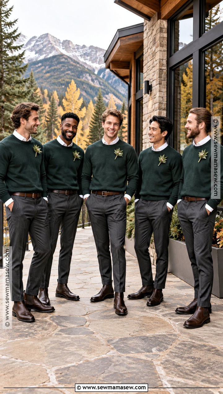 Charcoal Pants and Forest Green Sweater Groomsmen Attire - 15 groomsmen attire casual fall ideas