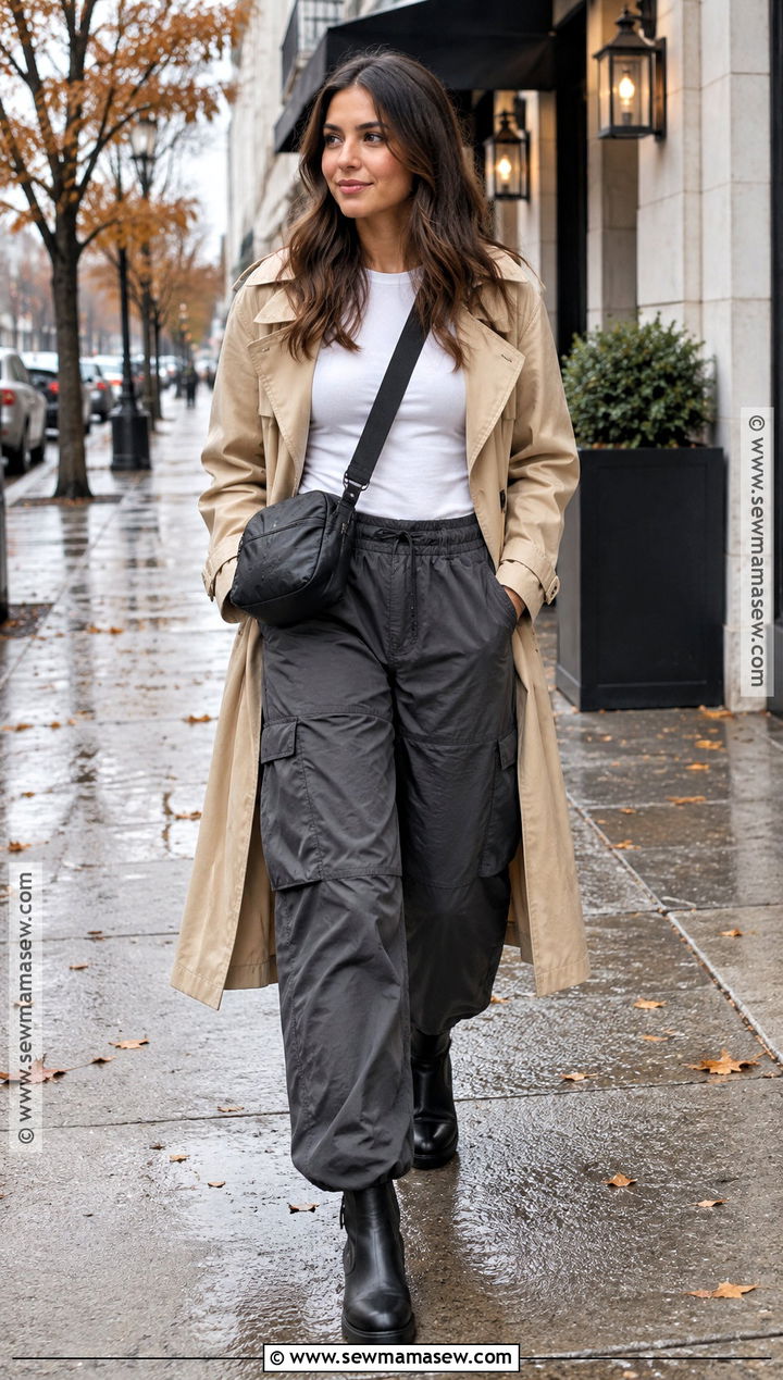 Charcoal Parachute Pants With Trench Coat - 15 Fall Outfits Parachute Pants