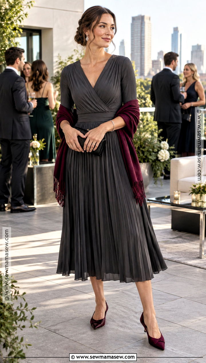 Charcoal Pleated Midi Fall Wedding Guest Dress - 20 casual fall wedding guest dress ideas