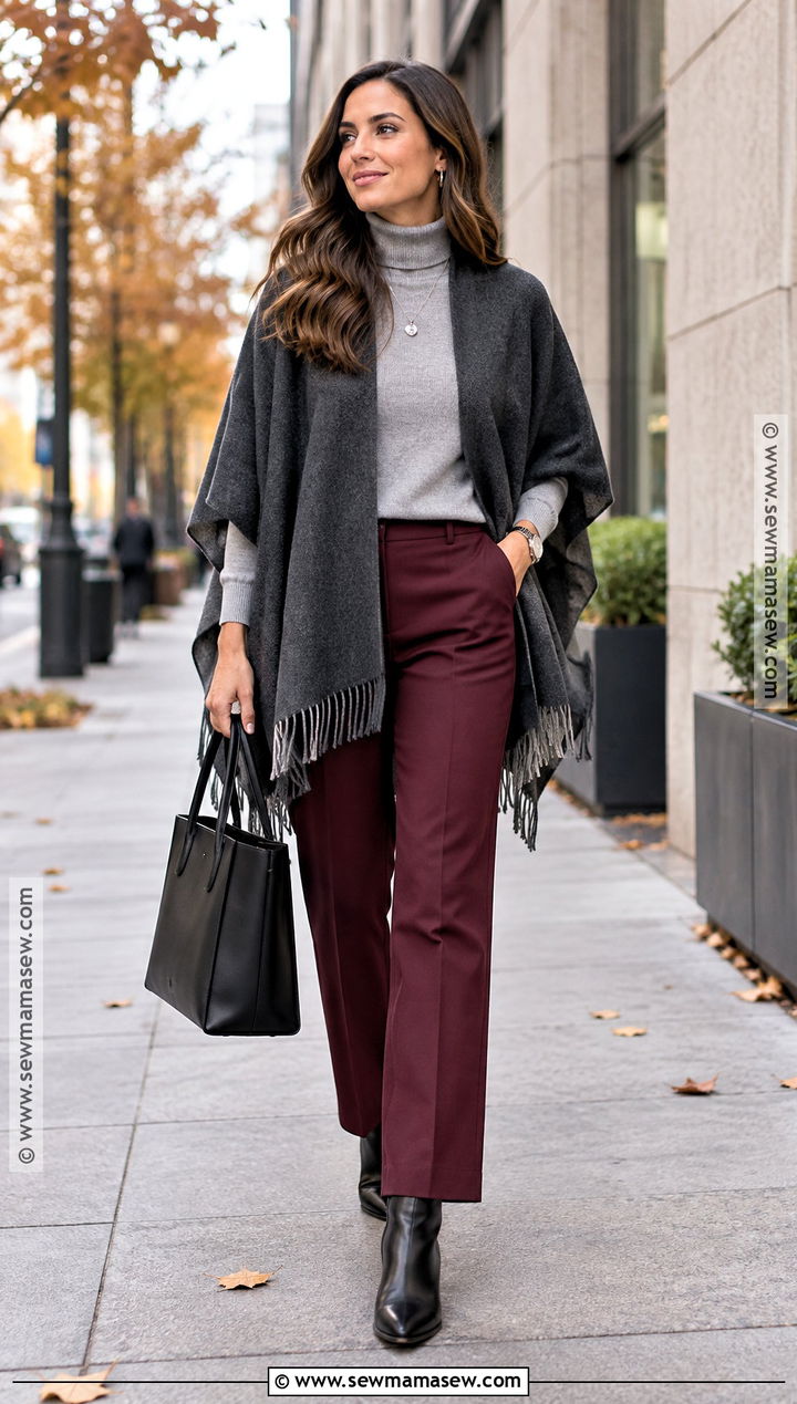 Charcoal Poncho With Burgundy Pants And Ankle Boots - 15 autumn color poncho ideas