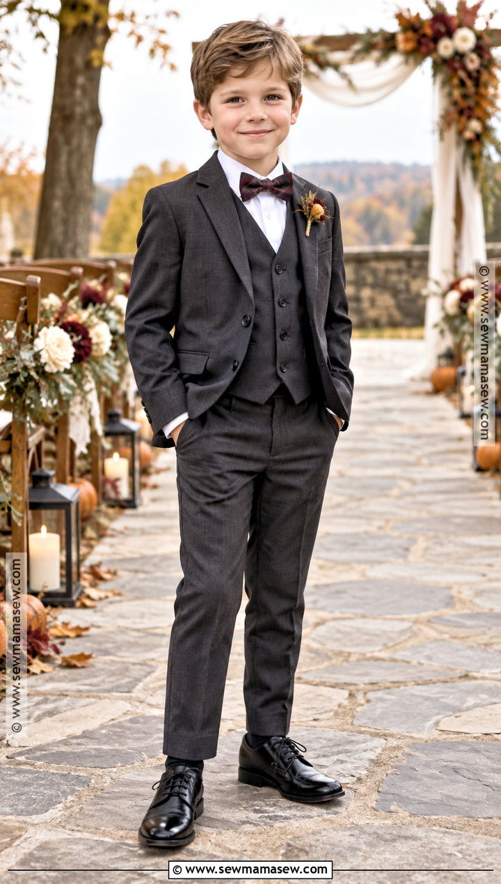 Charcoal Ring Bearer Suit With Plaid Bow Tie - 15 ring bearer outfit fall wedding ideas