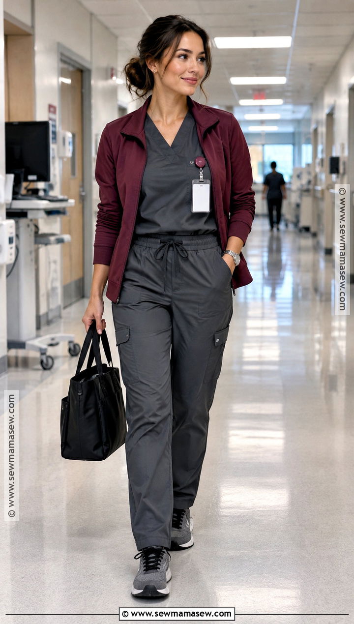 Charcoal Scrubs With Burgundy Jacket - 20 Fall Scrub Outfits