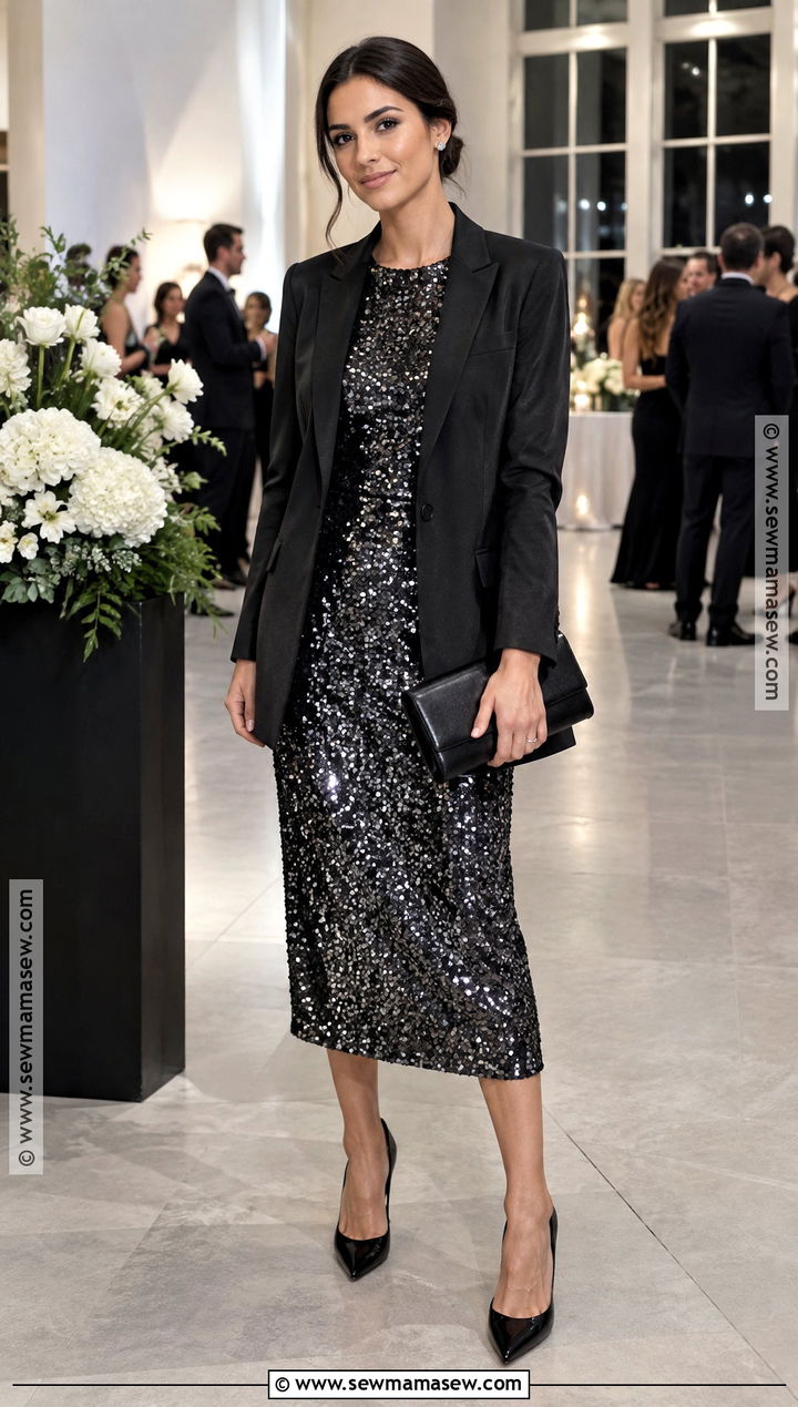 Charcoal Sequin Midi Dress With Blazer Wedding Outfit - 15 autumn chic wedding outfit ideas