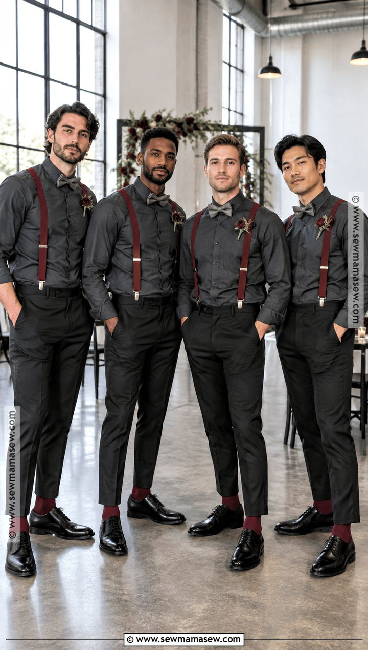 Charcoal Shirt With Burgundy Suspenders - 15 fall wedding groomsmen attire suspenders ideas