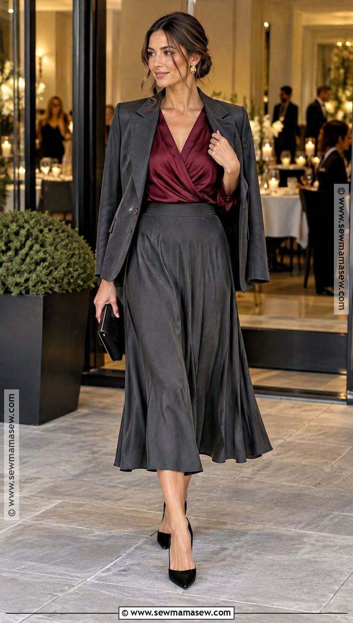 Charcoal Skirt And Satin Blouse October Wedding Guest Outfit - 20 Wedding Guest October Outfit Ideas