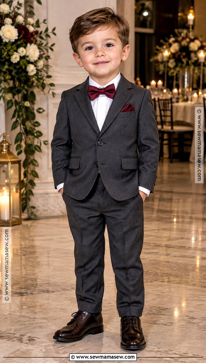 Charcoal Suit And Burgundy Bow Tie Outfit - 15 toddler boy wedding outfit fall ideas