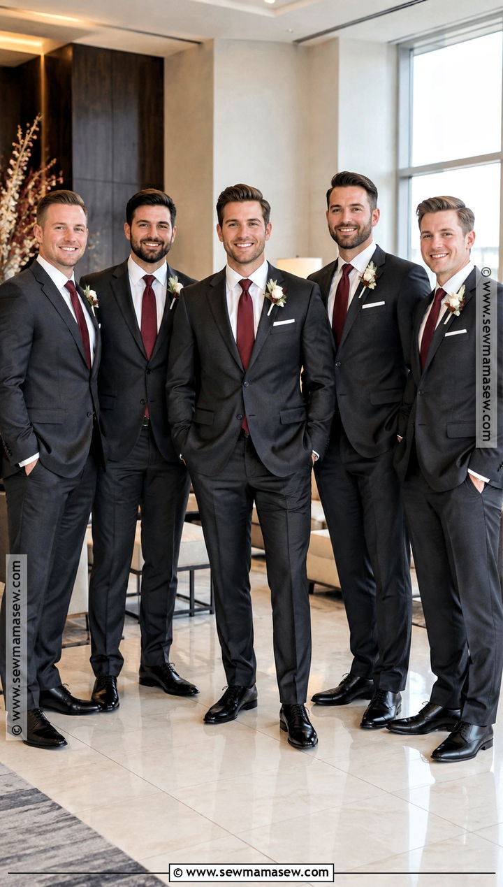 Charcoal Suit And Burgundy Tie Groomsmen Attire - 15 fall color groomsmen attire ideas