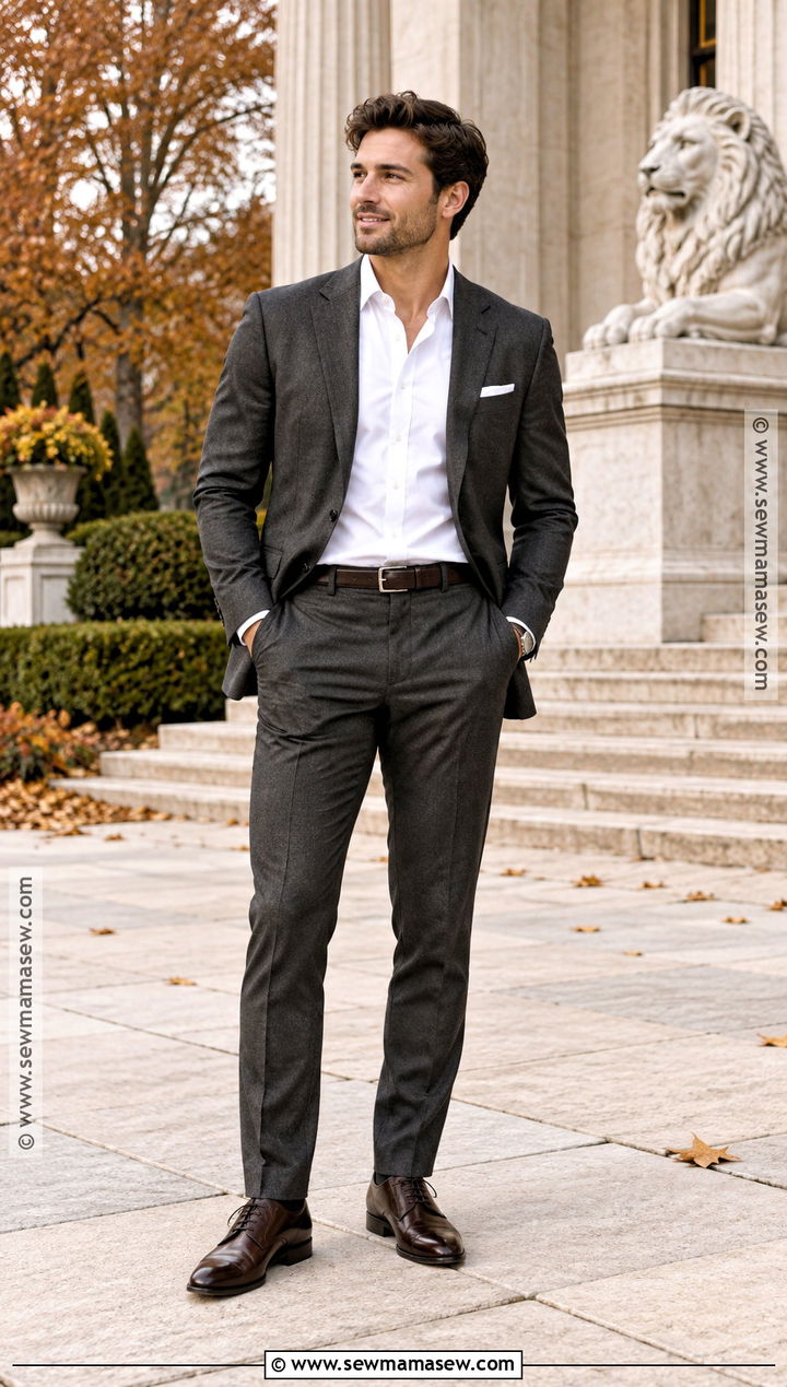 Charcoal Suit And Open Collar Shirt Fall Engagement Outfit - 15 men fall engagement outfit ideas