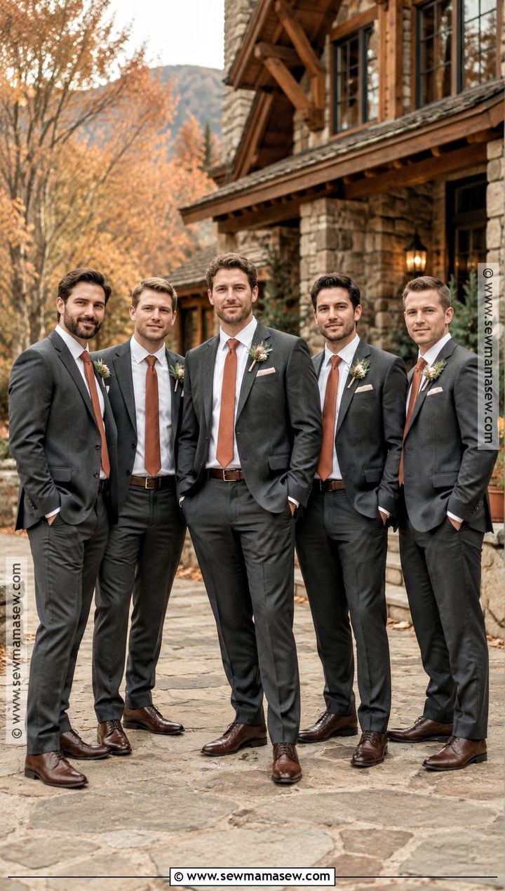Charcoal Suit And Rust Tie Groomsmen Attire - 15 fall wedding groomsmen attire rustic ideas