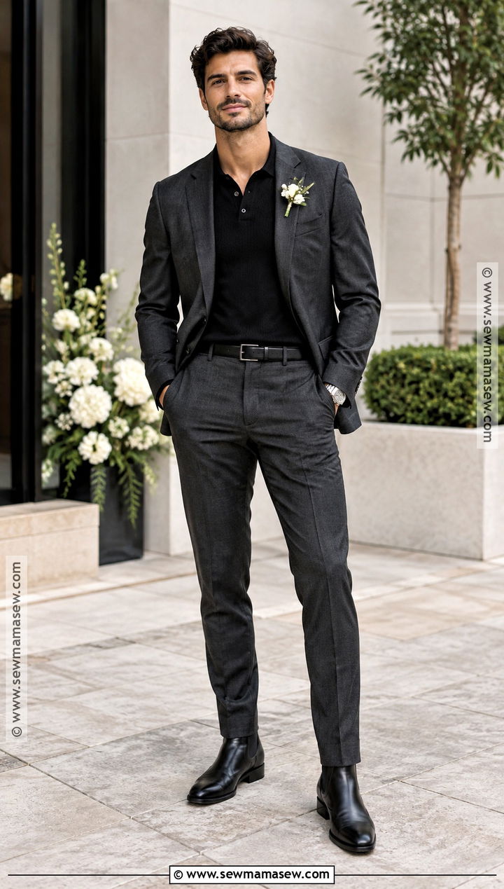 Charcoal Suit With Black Knit Polo - 15 fall casual groom attire ideas