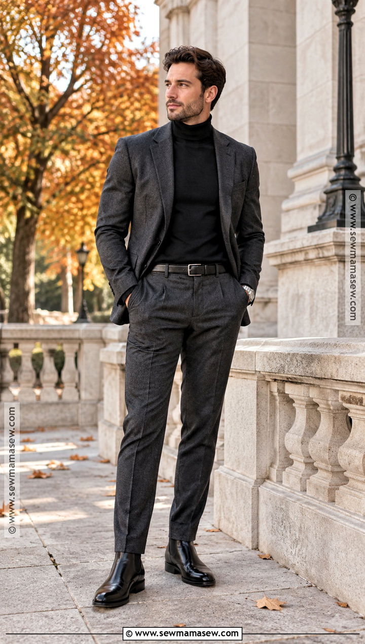 Charcoal Suit With Black Turtleneck And Dress Boots - 15 engagement photos outfits men fall