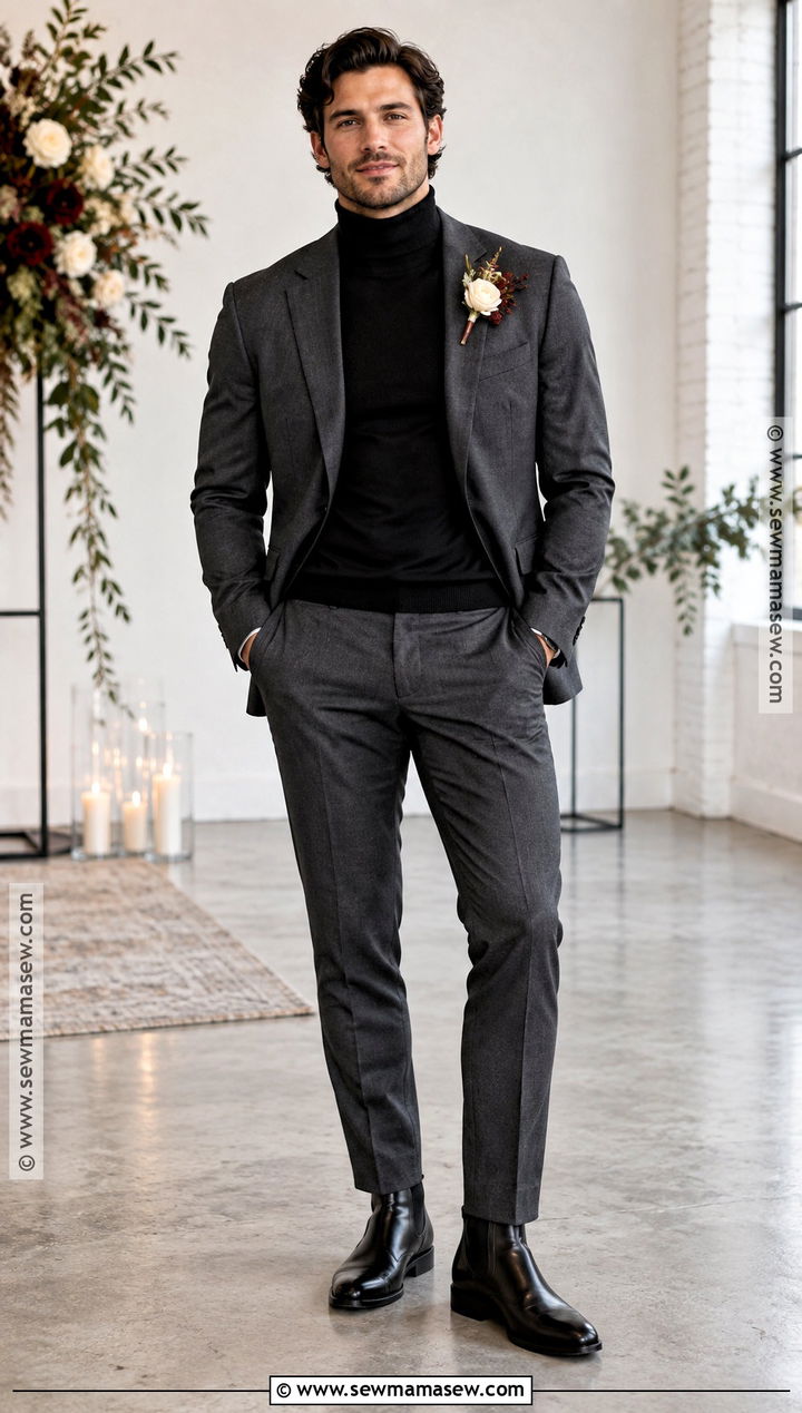 Charcoal Suit With Black Turtleneck - 15 casual fall wedding groom attire ideas