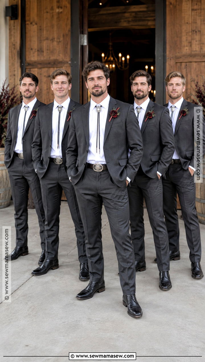 Charcoal Suit With Bolo Tie - 15 fall wedding groomsmen attire western ideas