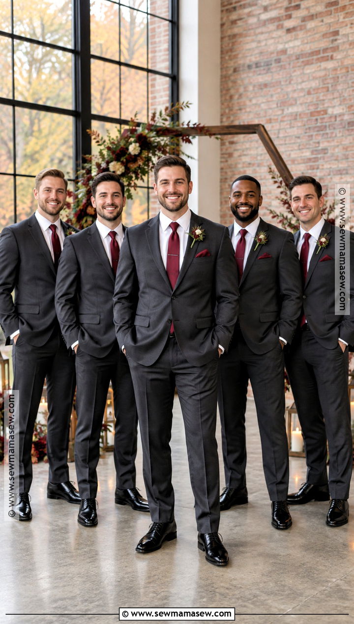 Charcoal Suit With Burgundy Tie And Black Shoes - 15 burgundy groomsmen attire fall wedding ideas