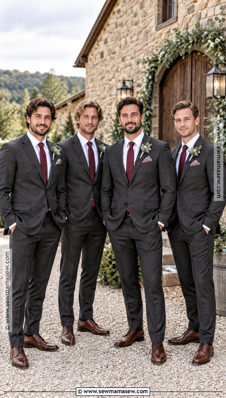 Charcoal Suit With Burgundy Tie - 15 fall rustic groomsmen attire ideas